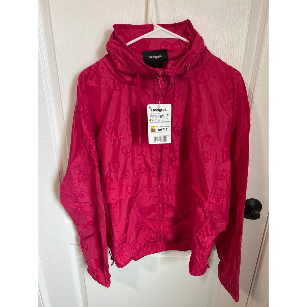 Desigual‎ Pink Peace Love Heart Print Hooded Windbreaker Jacket Size 8 NWT